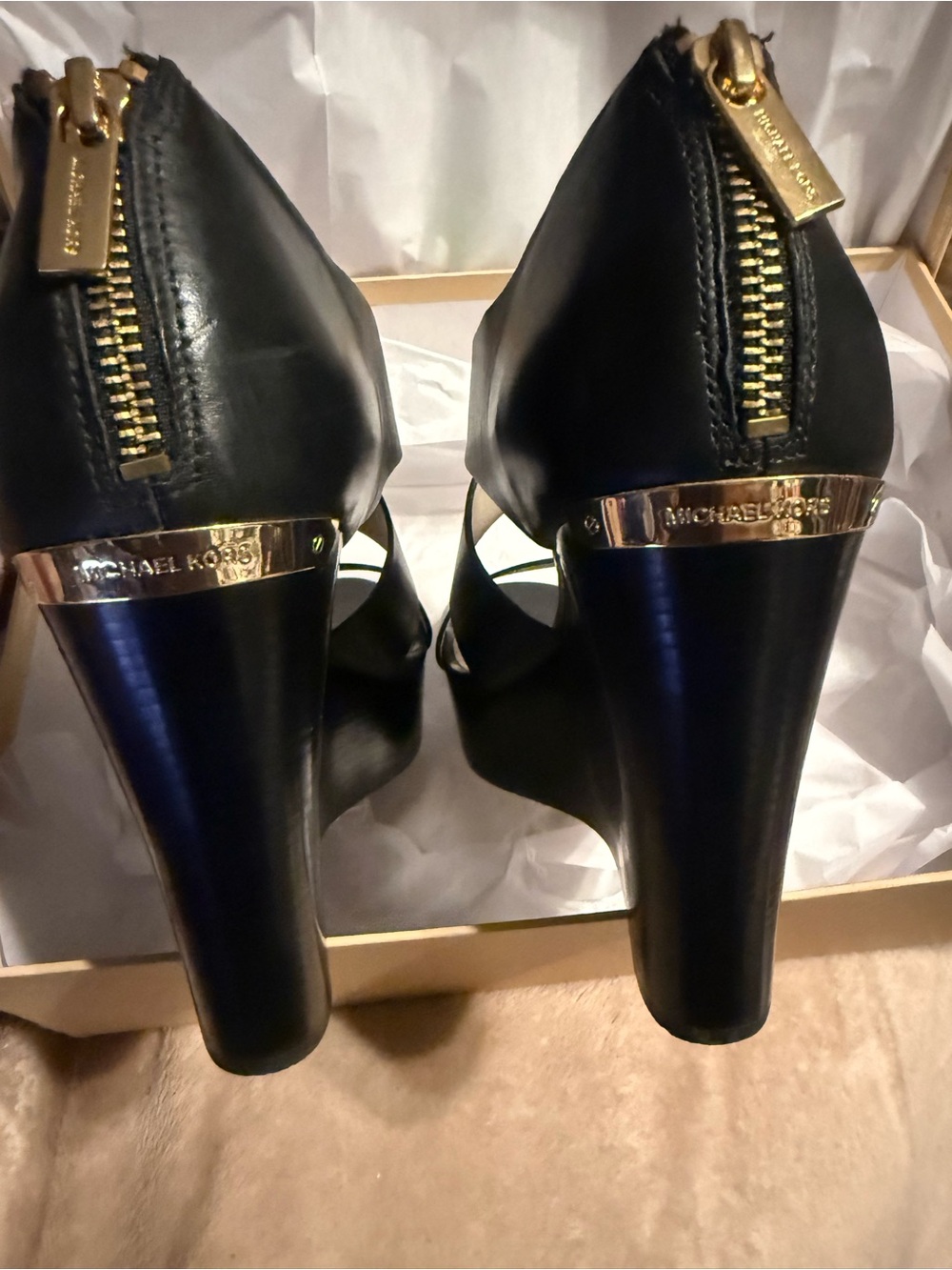 MICHAEL KORS Elena Leather Wedge Sandal Heels - Black - Picture 5 of 8